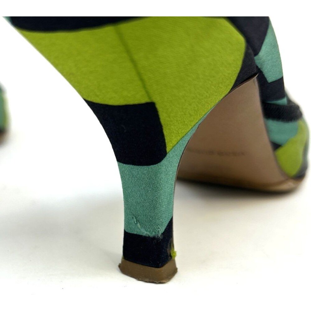 VTG Prada Mules Sz 35.5 Satin Geometric Blue Green Kitten Heels Bow Accent RARE! - Picture 14 of 15